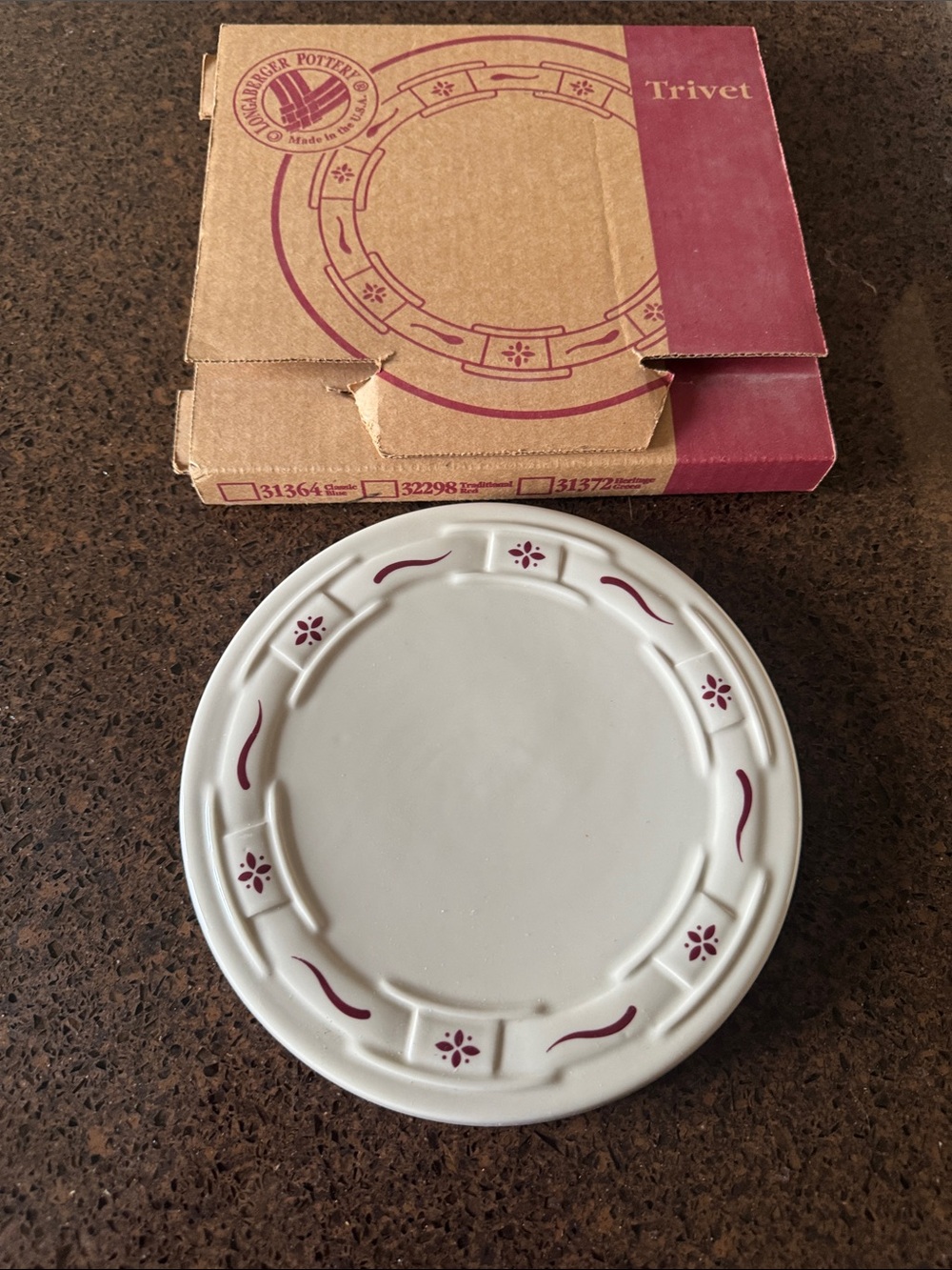 Longaberger Cream Ceramic Trivet with Burgundy Motif